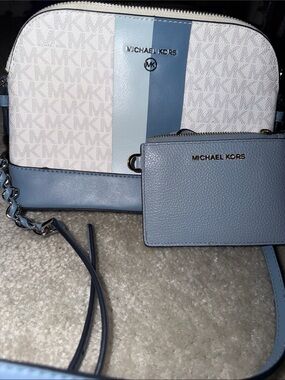 Michael Kors Light Blue and White Signature Stripe Crossbody with Card Case